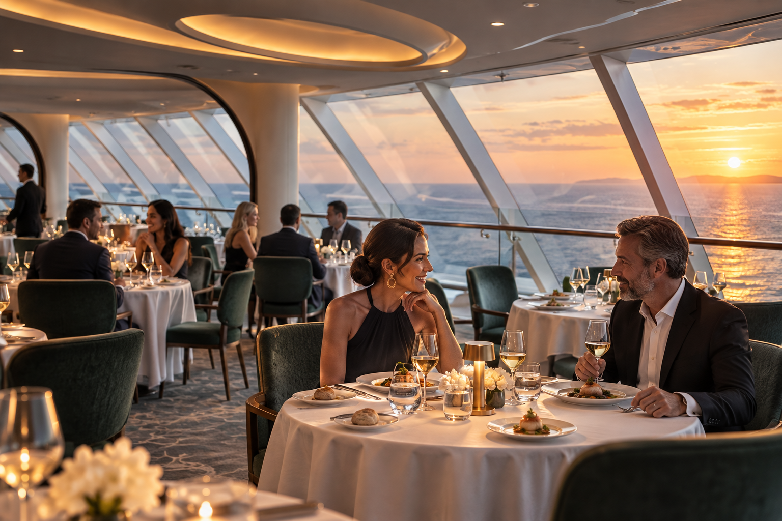 Ristorante gourmet MSC Yacht Club con vista mare al tramonto